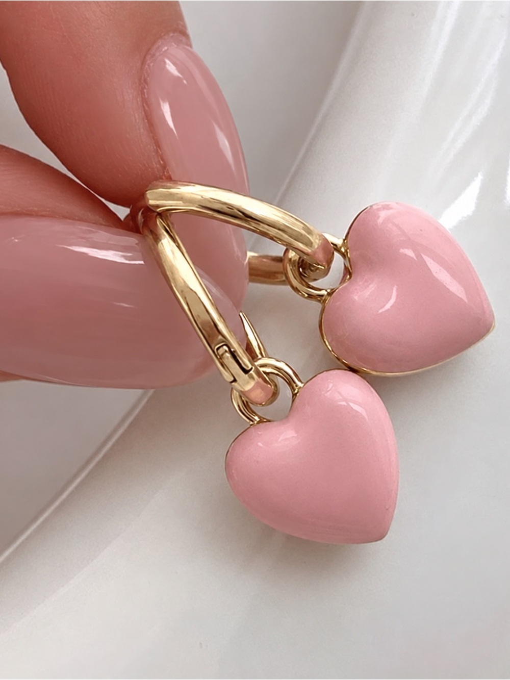 Gold Tone Hoop Earrings with Pink Heart Pendants Cute Trendy